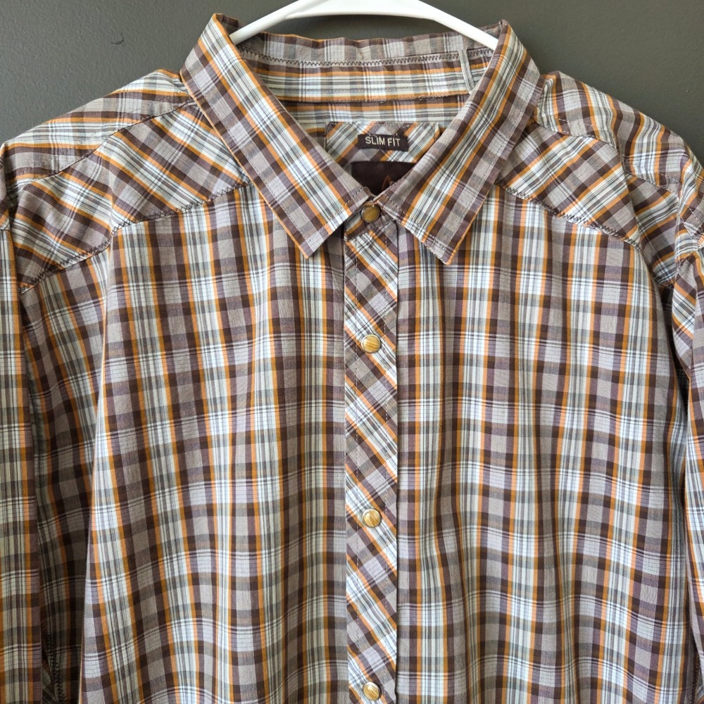prAna Slim Fit Plaid Button Down Shirt XXL Brown Orange Organic Cotton Blend